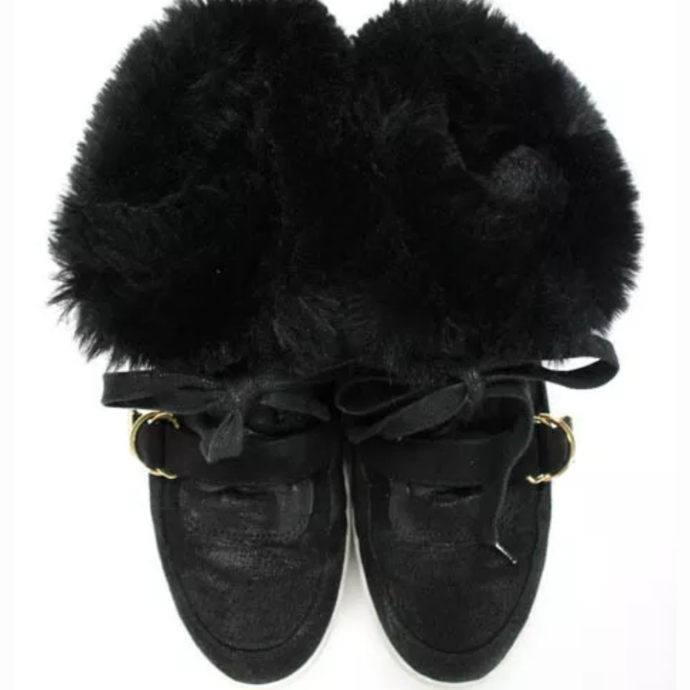 RIVER ISLAND BLACK FUR GOLD TIE BOOTS 5 SNEAKERS - Picture 2 of 5